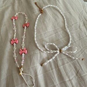 Charming Pink and White Bow Beaded Kids Necklace Set